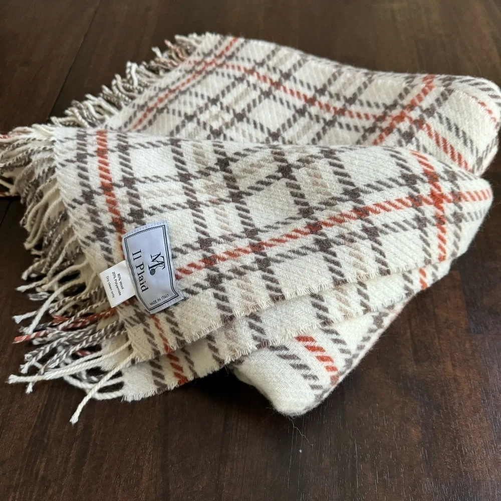 I1 PLAID | Wool Blend Throw Blanket | Made in Italy | Cream Brown Rust Plaid